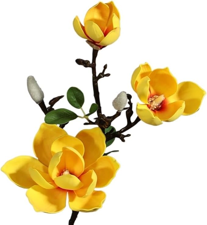 Artificial Orchid Flower Arrangement for Home Decoration - 3 Heads Magnolia Artificial Flowers for Living Room and Dining Table (Color : Yellow)