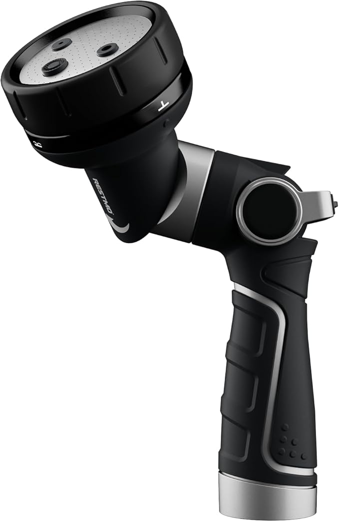 RESTMO Multi-Angle Garden Hose Nozzle with Sprinkler Function, Heavy Duty Water Hose Nozzle with 4 Spray Patterns, Magic Twist and Thumb Flow Control for Garden Watering, Car Washing & Yard, Black