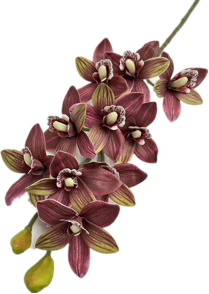4pcs Artificial Cymbidium Orchid Flower Plant 3D Print Vanda 10 Heads Latex Phalaenopsis Flower (Yellow red)