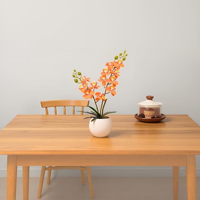 Artificial Orchid Orange Flower Potted in White Pot, Real Touch Faux Phalaenopsis Orchid for Wedding Home Office Party Decor