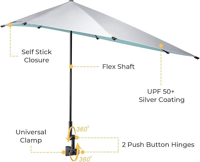 G4Free UPF 50+ Adjustable Beach Umbrella XL with Universal Clamp for Chair Stroller Wheelchair Golf Cart Bleacher Patio