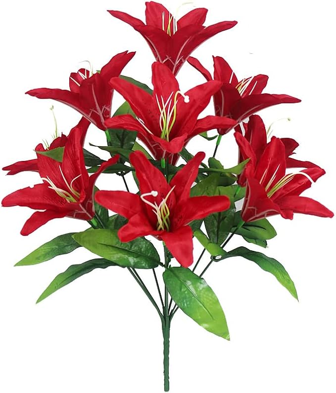 Fake Flower Simulation Flower 10 Lily Bouquet Orchid Perfume Lily Living Room Flower Arrangement Props Plastic Silk Flower(DarkPink)