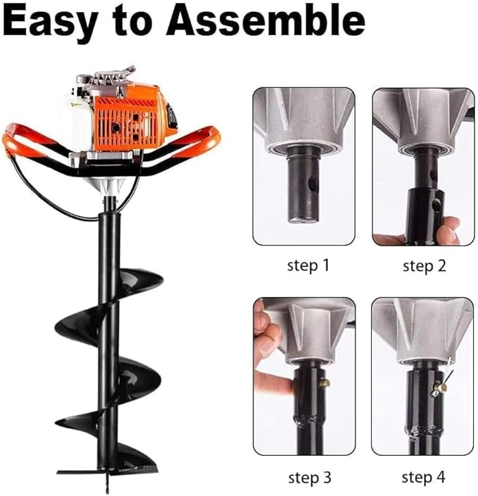 62cc Post Hole Digger 2-Stroke Petrol Gas Powered Earth Digger with 4 Auger Drill Bits (4" 6" 8" & 12") + 3 Extension Rods（8" 12" & 20"） for Farm Garden Plant