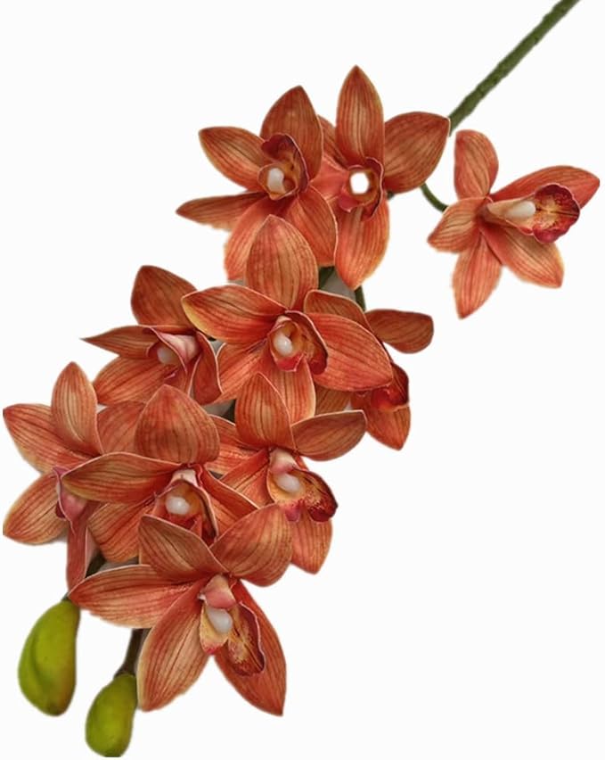 4pcs Artificial Cymbidium Orchid Flower Plant 3D Print Vanda 10 Heads Latex Phalaenopsis Flower (Orange)