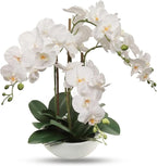 Larksilk 20" White Phalaenopsis Orchid Flowers in 8" Round White Pot | Realistic Faux Orchid | Elegant Indoor Decor for Home & Office