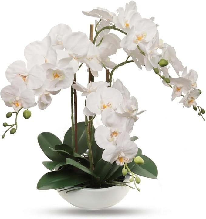 Larksilk 20" White Phalaenopsis Orchid Flowers in 8" Round White Pot | Realistic Faux Orchid | Elegant Indoor Decor for Home & Office