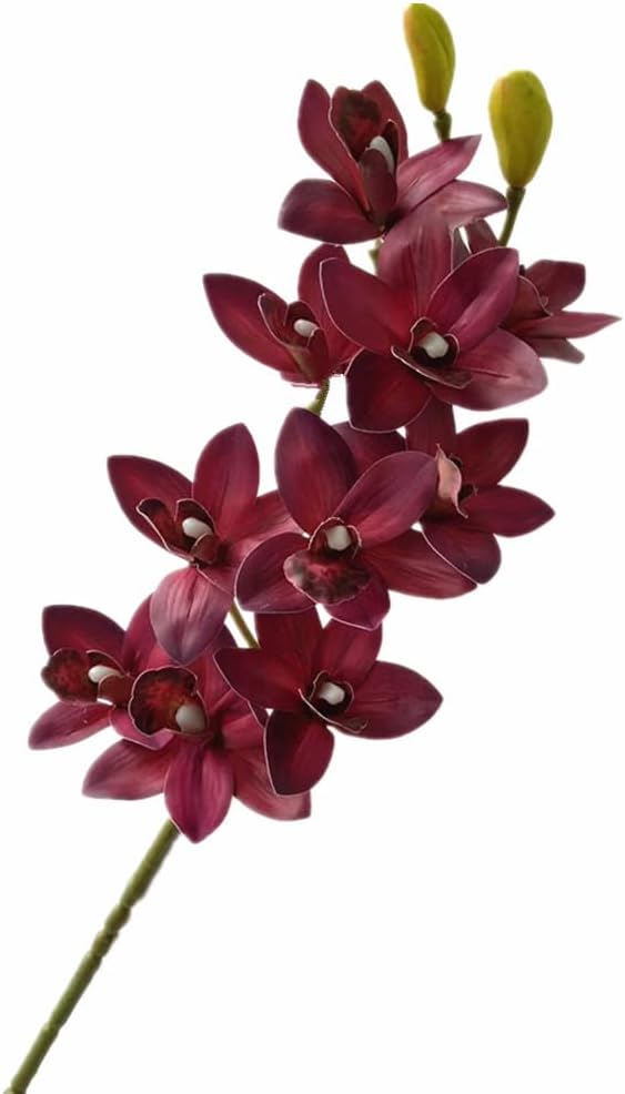 4pcs Artificial Cymbidium Orchid Flower Plant 3D Print Vanda 10 Heads Latex Phalaenopsis Flower (Dark red)