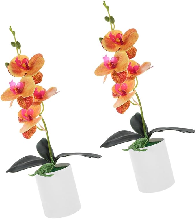 2pcs Orange Artificial Potted Orchid Flowers Faux Phalaenopsis Simulated Bonsai for Home Living Room Table Décor