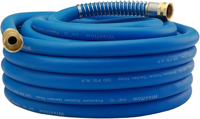 WiseFlow Garden Hose 50FT x 5/8", Heavy Duty Rubber Hose, Water Hose with Five Layered Braiding, Male Female Fittings, 1000PSI Burst, 300PSI Working (Blue)
