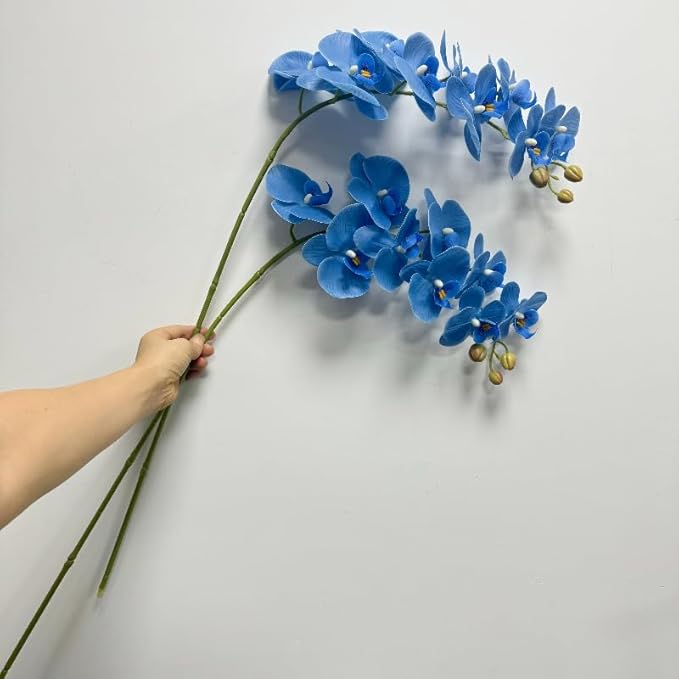 2 Pcs Orchid Stems 38" Artificial Flowers Real Touch Latex Faux Phalaenopsis Branches White Artificial Flowers for Wedding Party Home Garden Decor (Blue, 38")