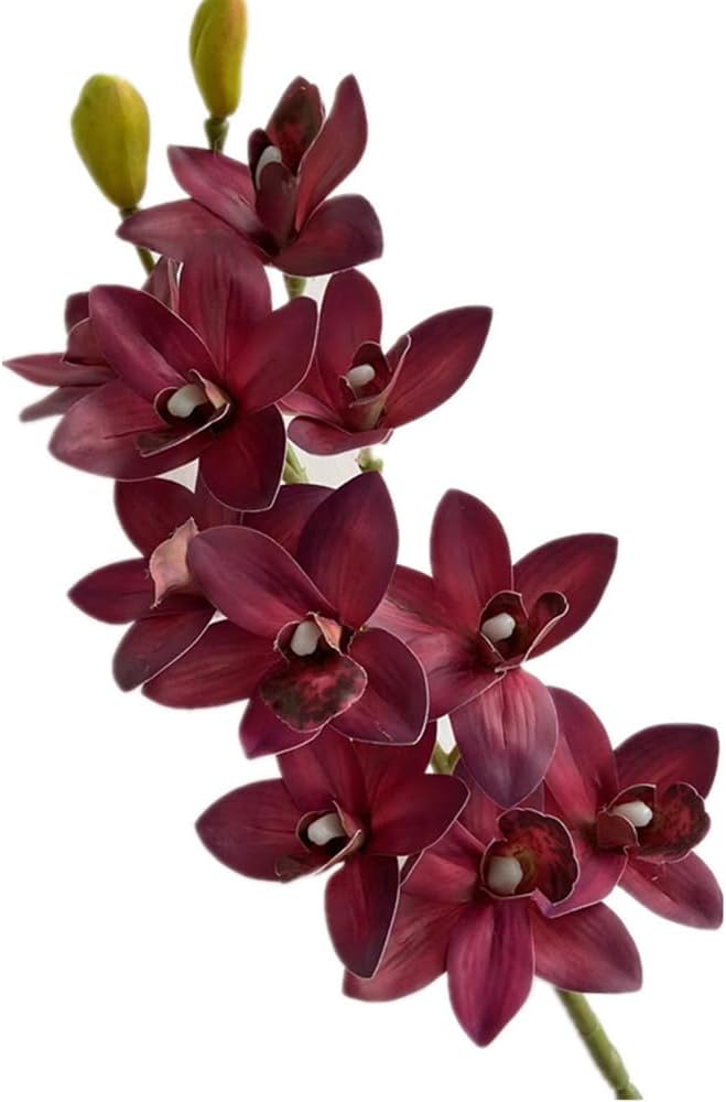 4pcs Artificial Cymbidium Orchid Flower Plant 3D Print Vanda 10 Heads Latex Phalaenopsis Flower (Dark red)