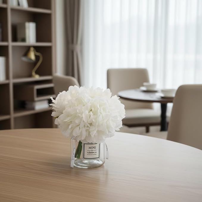 LADADA Artificial White Peony Bouquet in Mini Glass Vase – Faux Floral Arrangement for Home Decor, Wedding Centerpieces, Tabletop Accents