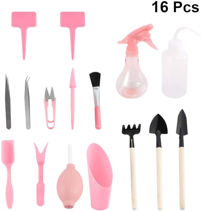 HEMOTON 16-Piece Succulent Gardening Tool Set Portable Planting Tools Kit Trowel Pruners Spray Bottle for Home and Professional Use for Small Plants and Indoor Gardening