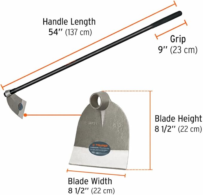 Truper Lane Hoe No. 3, 54-Inch Fiberglass Handle, 8-1/2-Inch x 8-1/2-Inch Forged Head, 2.1 lb Head Weight, Agricultural & Garden Soil Preparation Tool (Model AL-3M / 10621)