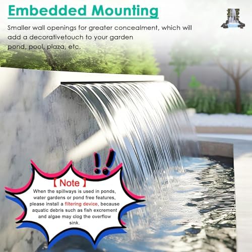 Waterfall Spillway for Indoor/Outdoor Decorative,Stainless Steel Fountain Spillway Kit Embedded Design for Modern Pools & Garden Ponds One Piece Waterfall Outlet Perfect for Outdoor Decor