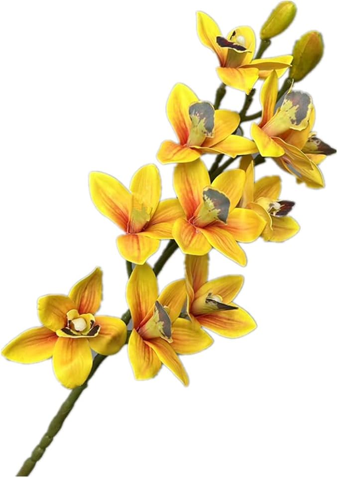 4pcs Artificial Cymbidium Orchid Flower Plant 3D Print Vanda 10 Heads Latex Phalaenopsis Flower (Black Heart Yellow)