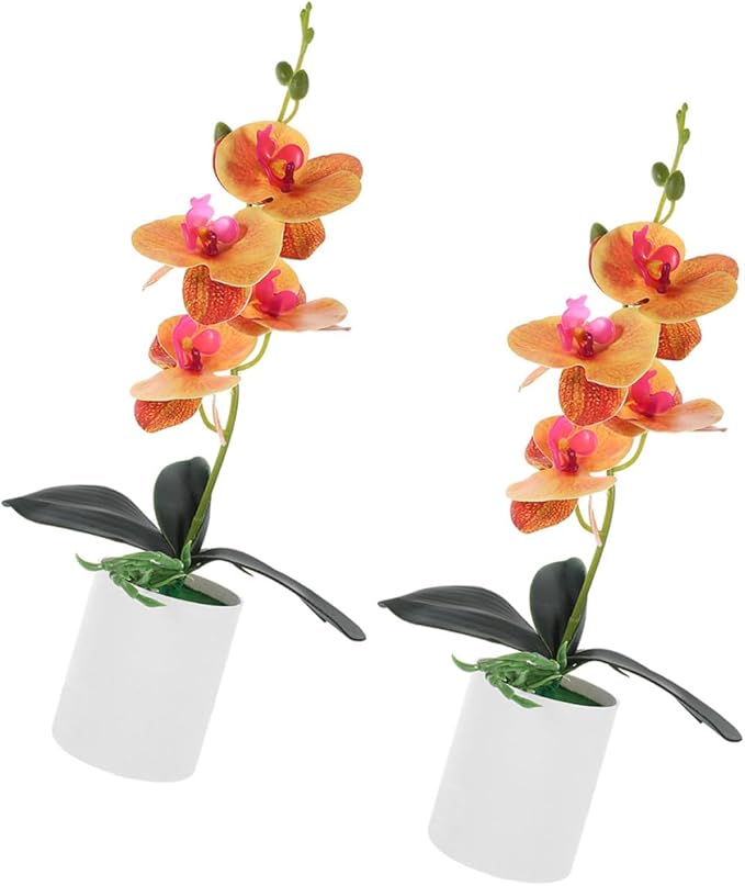 2pcs Artificial Moth Orchid Bonsai Realistic Faux Potted Flowers Orange Desktop Decoration for Living Room Tabletop Home Décor
