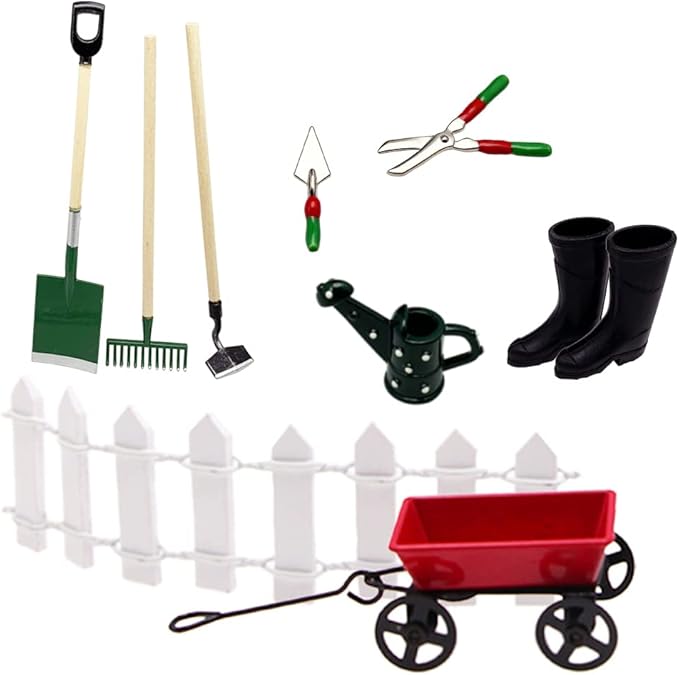 Miniature Fairy Garden Farming Tools, 9 Packs 1:12 Mini Metal Spade Pestle Rake Wagon Kettle Wood Fence Yard Supplies Scene Model Set Dollhouse Decor Accessories