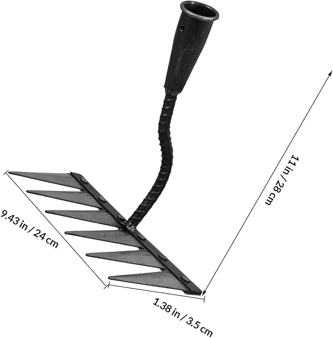 Veemoon Heavy Duty Steel Garden Rake with 6-Tine Sharp Dethatcher for Soil Loosening and Lawn Leveling, Small Hand Tool for Gardening and Landscape Maintenance