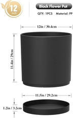 WSMKSZ 12 inch Large Deep Plant Pots for Outdoor Indoor Plants, Tall Cylinder Flower Pots with Drainage Holes and Saucer, Big Decorative Plastic Planter Pots for Garden Porch House Plants, Black