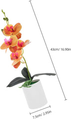 VILLCASE Artificial Orchid Potted Plant Faux Orchid Simulation Flower Orange Desktop Fake Potted Plant Home Office Table Décor Kitchen Living Room