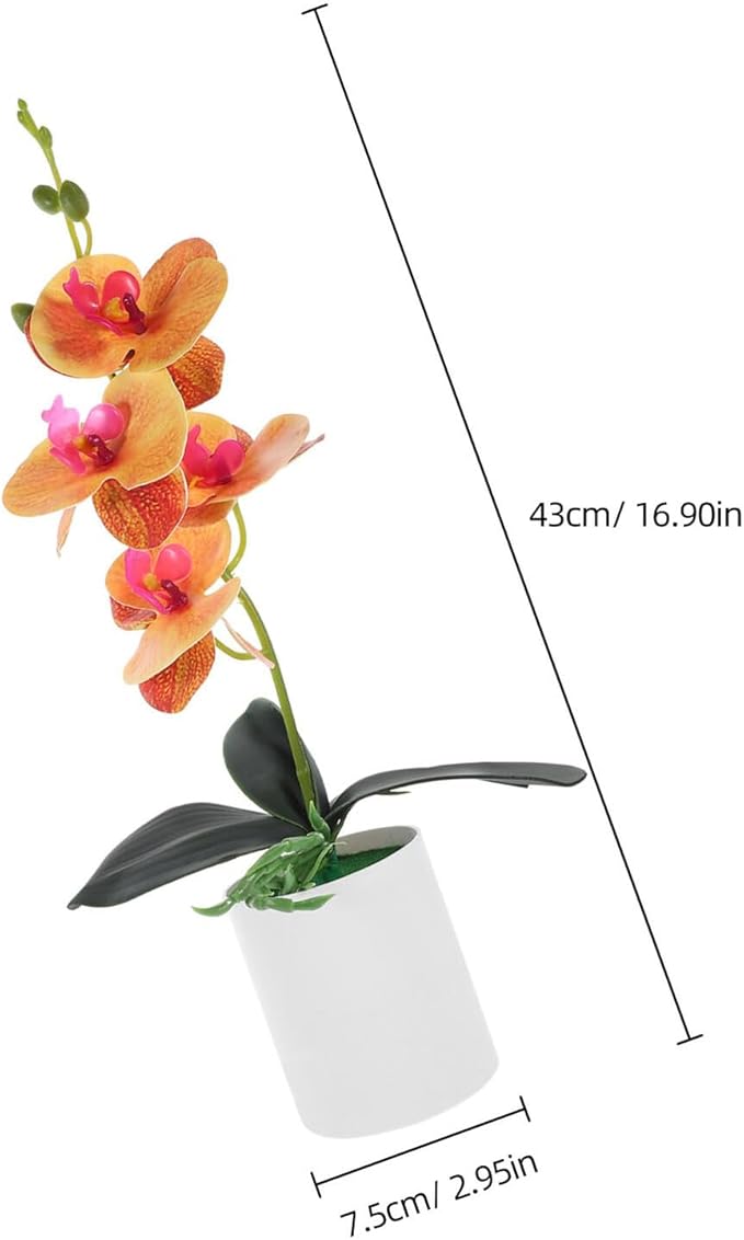 VILLCASE Artificial Orchid Potted Plant Faux Orchid Simulation Flower Orange Desktop Fake Potted Plant Home Office Table Décor Kitchen Living Room