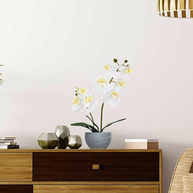 White Orchid Artificial Flowers 2 Stems in Grey Pot, Potted Faux Orchid Flower for Home Bathroom Table Living Room Office Kitchen Decor