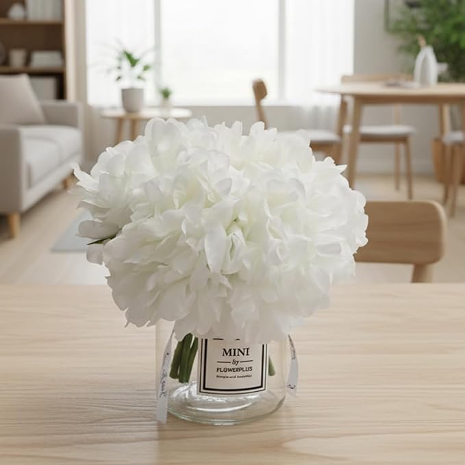 LADADA Artificial White Peony Bouquet in Mini Glass Vase – Faux Floral Arrangement for Home Decor, Wedding Centerpieces, Tabletop Accents
