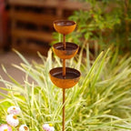Rain Catcher - Plant Support Metal Garden Ornament,3-Tier Rain Catcher Garden Stake with Water Bowls,Rusty Metal Flower GardenStakes Bird Bath,Bird Bath & Bee Watering Station for Outdoor Patio Decor
