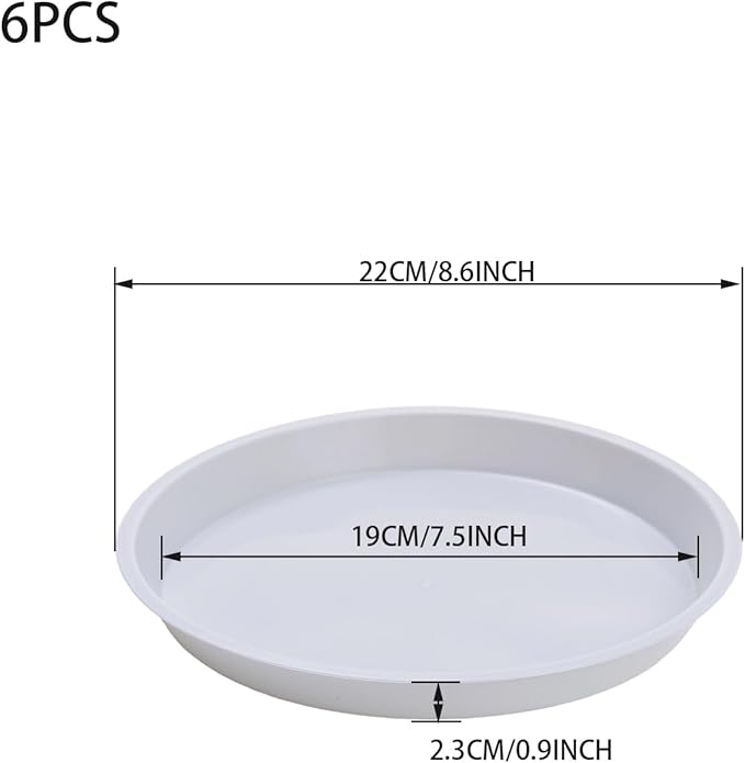 6pcs White Plastic Plant Saucers (8 inch) - Heavy Duty Indoor Plant Trays for Pots with Water Drainage, Drip Catcher & Decor (Set of 6 Round Saucers)