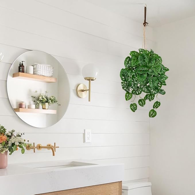 Large Fake Hanging Plants in Pot for Indoor & Outdoor, Long Artificial Monstera Albo Long Plants, 27.6" Fake Potted Vines Ivy Greenery Plant for Room Wall Shelf Decor Living Room Bathroom Patio Porch