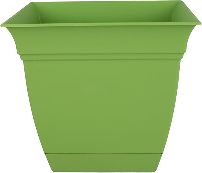 The HC Companies Eclipse Square Plastic Planter w/Attached Saucer - Outdoor & Indoor Plant Pot with Drainage Holes - Lightweight, UV-Resistant Plastic Pots for Plants (8" Peridot Green, Pack of 1)