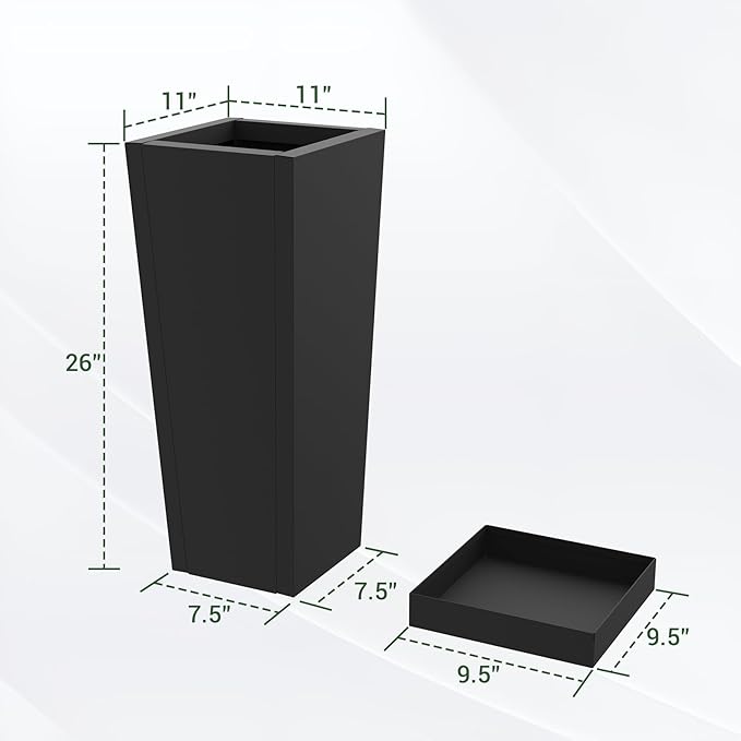 Metal Tall Planters 26 inch Set of 2, Durable Taper Planter with Drainage Holes & Rust-Proof Coating & Trays for Outdoor Indoor Garden Patio Front Door