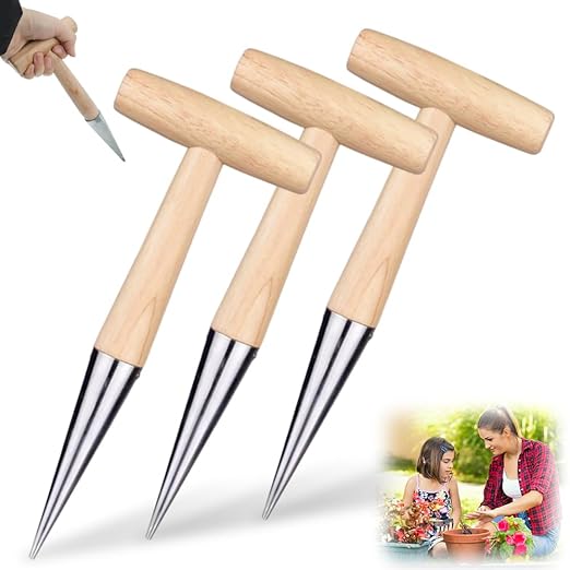 Plant Hole Digger for Planting, Seed Dibber Garden Tool, Hand Dibbler Seed Planter Tool,Bulb Planter Tool, Seeds Transplanting Plants Planting Bulbs, T Wooden Handle - Easy to Drill Holes (2PCS)