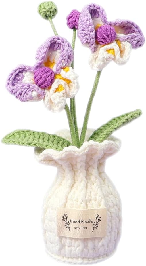 Crochet Moth Orchid Vase, Eternal Finished Hand Woven Artificial Mini Flowers Pot Decoration for Home Office Kitchen Living Room Table Bedroom Creative Women Girls Gift (Purple)