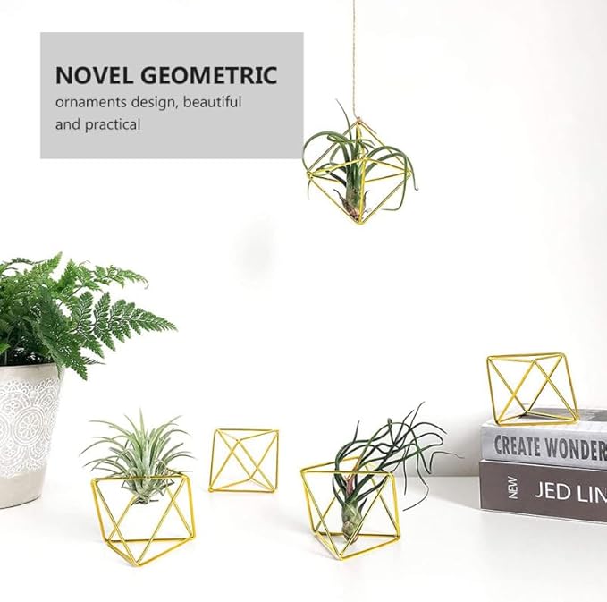 Homoyoyo 5 Pack Geometric Air Plant Holder - Gold Metal Himmeli Stand for Tillandsia, Minimalist Airplant Display Rack for Home Office Desktop, Modern Indoor Plant Decoration (2.6 x 2.6 inch)