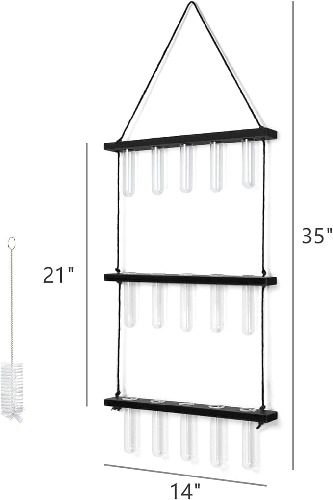 Mkono 3 Tiered Wall Hanging Plant Terrarium with Wooden Stand Mini Test Tube Flower Vase Glass Planter for Hydroponic Plant Cutting Home Garden Office Decor Gift