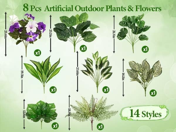 Livole 8 Pcs Artificial Plants Outdoor Faux Plants Fake Greenery Stems with Boston Fern Lavender Morning Glory UV Resistant Artificial Flowers for Outdoors Porch Patio Garden Spring Summer Home Decor