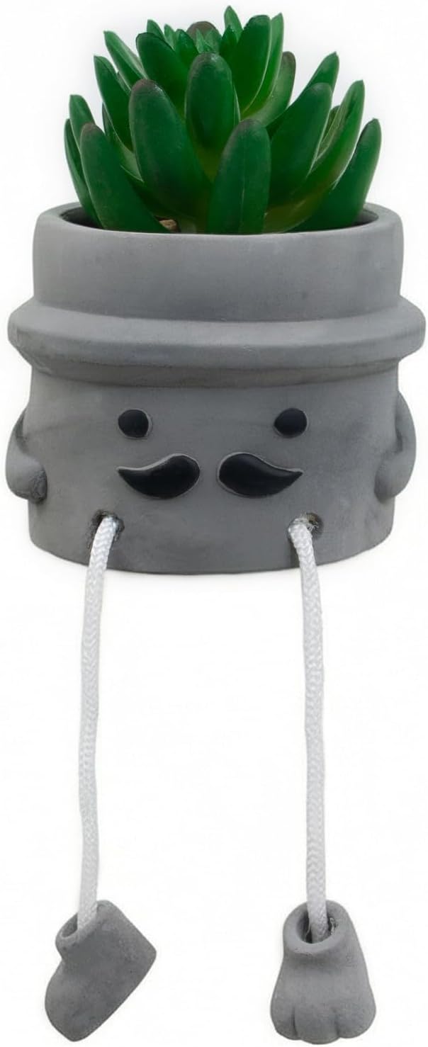 Cute Artificial Succulent Plant in Cement Pot with Hanging Legs, Mini Faux Succulent Decor for Kitchen Shelves, Bathroom Wall Shelf - Fake Small Plant for Home & Office Desktop, Shelf Accents