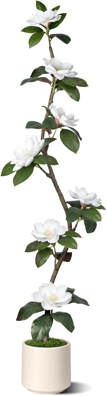 Rubber Tree 4.6 FT Artificial Magnolia Tree in Planter Pot, Faux Plants Indoor Faux Floor Plant Artificial Plants with 7 Pcs Calla Lily Flowers for Home Office Living Room Decor Indoor