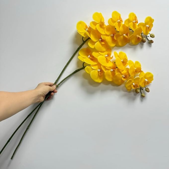 2 Pcs Orchid Stems 38" Artificial Flowers Real Touch Latex Faux Phalaenopsis Branches White Artificial Flowers for Wedding Party Home Garden Decor (Yellow)