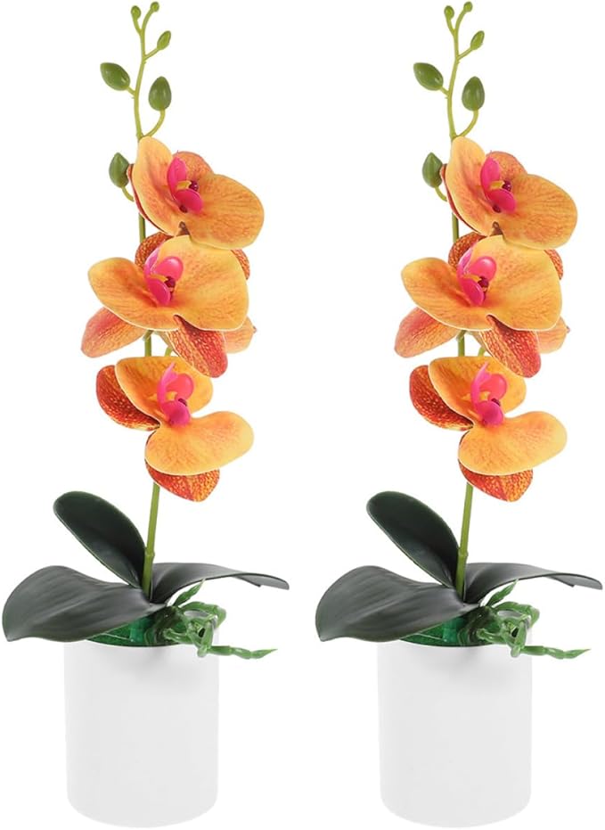 2pcs Artificial Butterfly Orchid Bonsai Faux Potted Flower Orange Tone Indoor Décor Tabletop Ornaments for Living Room and Office