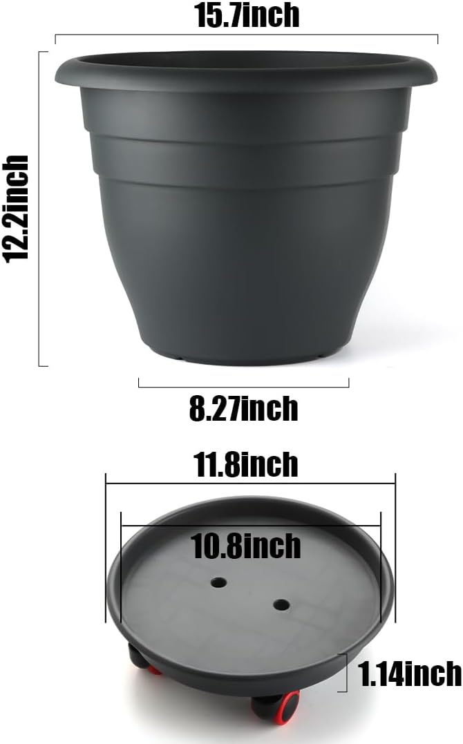3 Pack 16 Inch Large Plant Pots with Rolling Saucers & Drainage Holes,Heavy Duty Plastic Planters for Indoor Outdoor Plants,Large Flower Pots with Wheels for Tall Plants(Black)