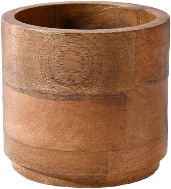 Serene Spaces Living Small Mango Wood Cachepot, Natural Wooden Pot for Faux Flowers & Plants, Potted Indoor Plants, Home, Office, Restaurant Decor, Measures 4.75" Diameter & 4.5" Tall
