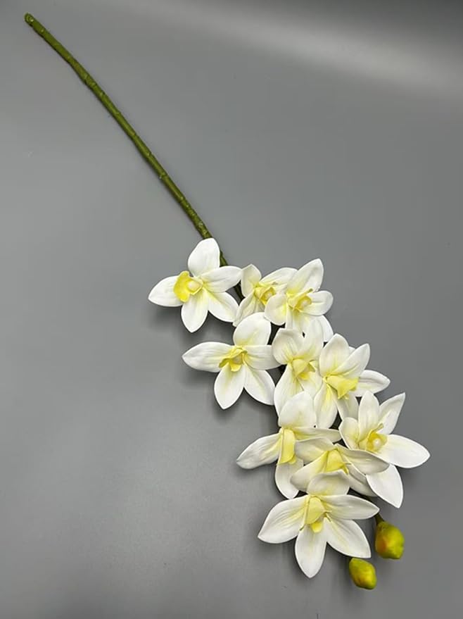 4pcs Artificial Cymbidium Orchid Flower Plant 3D Print Vanda 10 Heads Latex Phalaenopsis Flower (Yellow Heart White)