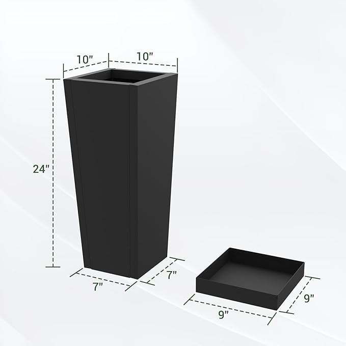 Metal Tall Planters 24 inch Set of 2, Durable Taper Planter with Drainage Holes & Rust-Proof Coating & Trays for Outdoor Indoor Garden Patio Front Door