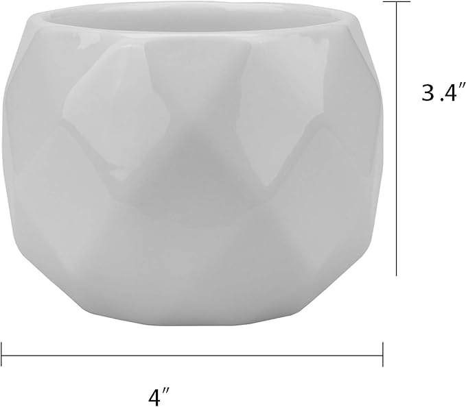 Jucoan 6 Pack Ceramic Succulent Planter Pot with Bamboo Tray, 4 Inch Small White Diamond Shaped Cactus Herb Flowers Planter with Drainage Hole for Indoor Home Office Decor