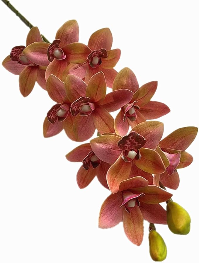 4pcs Artificial Cymbidium Orchid Flower Plant 3D Print Vanda 10 Heads Latex Phalaenopsis Flower (Orange Pink)