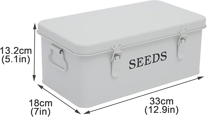 Seed Saving Box, Metal Seed Bin, Seed Storage Organizer, Seed Packet Container with Lid, Seed Envelope Storage Box, 4 Compartments Garden Seed Bin with Safety Locks-White