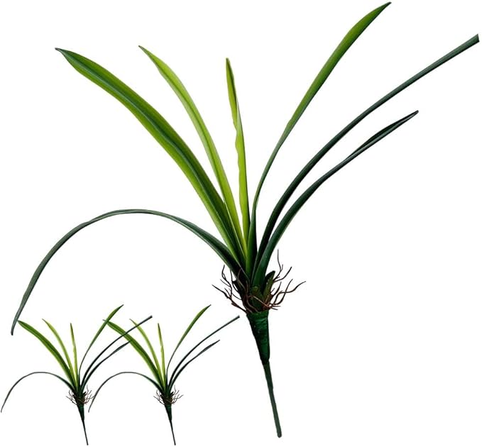 Set of 3 Real Touch Artificial Cymbidium Plants with Stems and Roots Faux Greenery Stems for Pot or Vase Faux Orchid Stems That Look Real for Indoor Home Office Farmhouse Decoration (Green)